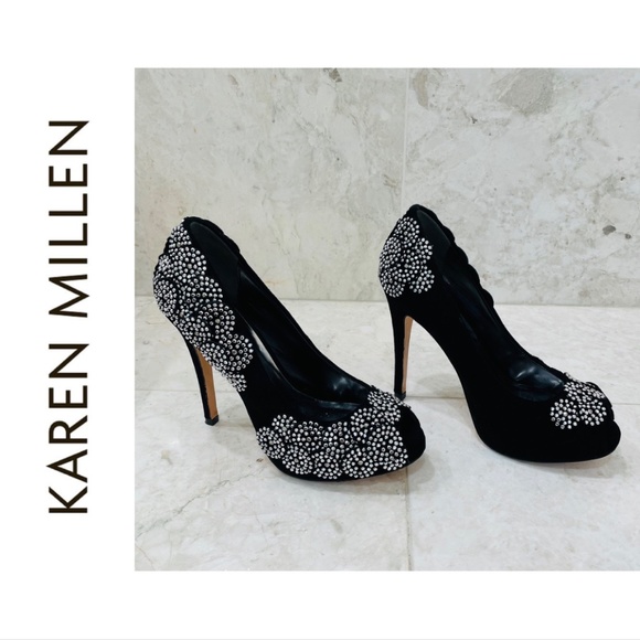Karen Millen Shoes - KAREN MILLEN {6} Black Silver Beaded Pumps Peep Toe Stiletto